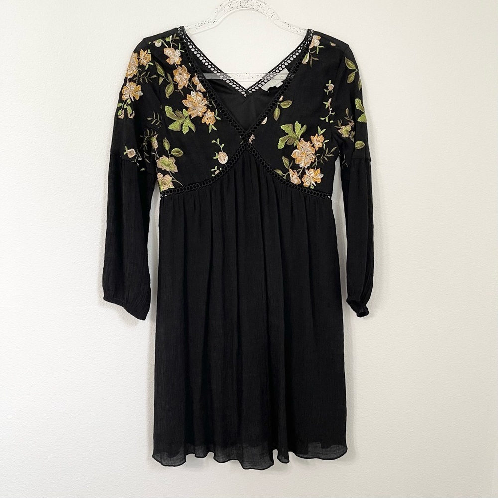 J GEE Black Embroidered Long Sleeve Boho Flowy Casual Mini Dress Size S